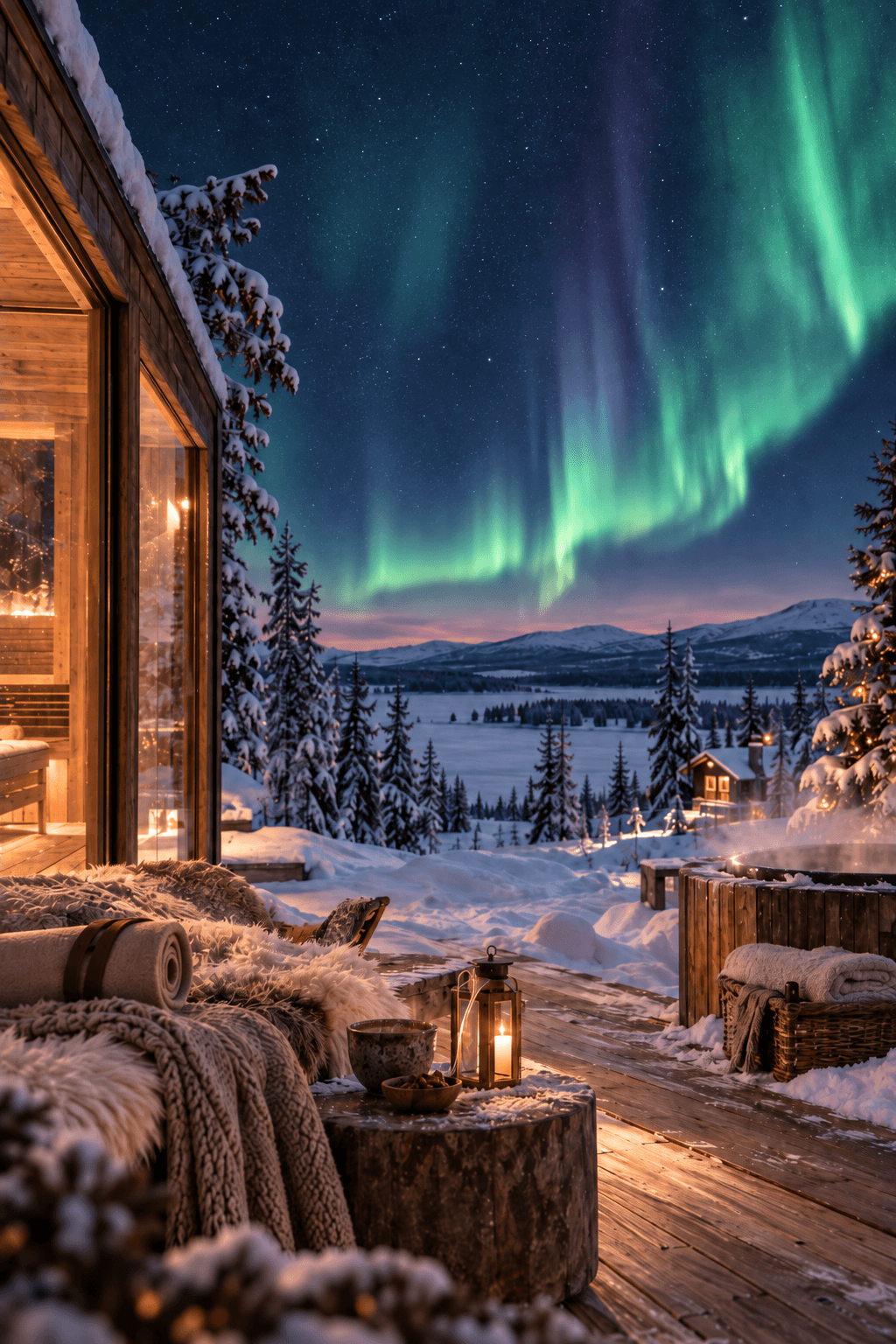 Cosy chalet terrace in the snow beneath the northern lights in Finnish Lapland