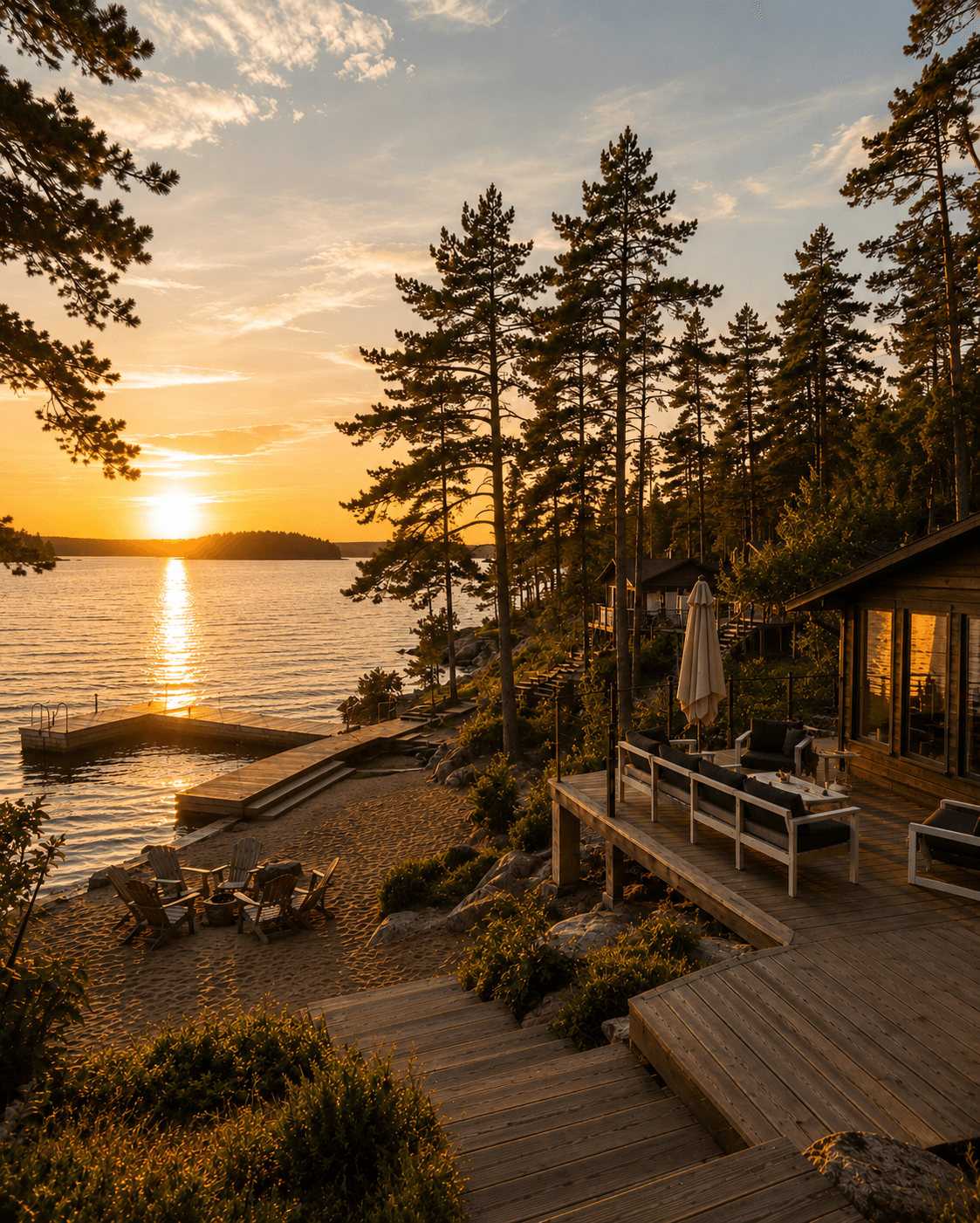 Goldener Sonnenuntergang über den Hütten eines Retreats im Stockholmer Schärengarten