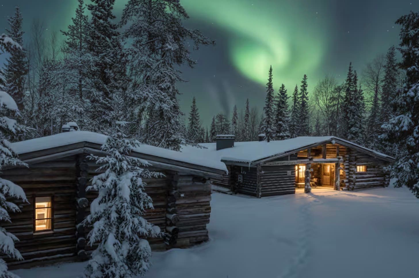 Log chalets glowing in the snow beneath the northern lights
