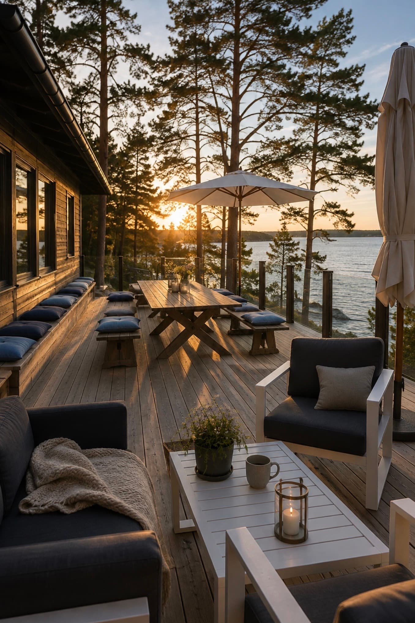 Terrasse am Wasser zwischen Kiefern im Stockholmer Schärengarten